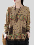 Lady Pullover Print Relaxed Literary Crew-neck Knitted Shirt