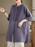 Female Leisure Cotton Linen 3/4 Sleeve Mid-Length Shirt