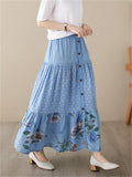 Women's Gentle Polka Dot Flower Print Pleated Denim Skirt