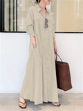 Minimalist Lapel Collar Long Sleeve Pocket Maxi Shirt Dress