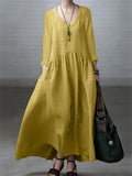 Spring Autumn V-neck Simple Relaxed Solid Dresses for Ladies