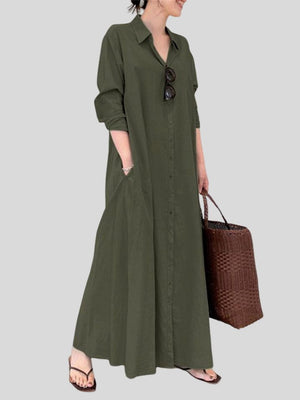 Minimalist Lapel Collar Long Sleeve Pocket Maxi Shirt Dress