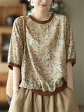 Women's Linen Silky Round Neck Short Sleeve Print Shirt