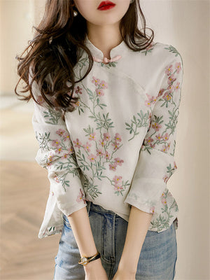 Female Spring Peach Blossom Print Long Sleeve Shirt