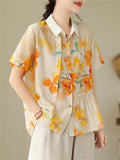 Elegant Daisy & Orange Print Lapel Pleated Shirt for Women