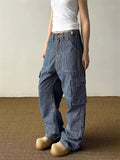 Retro Striped Blue High-Rise Floor-length Cargo Jeans