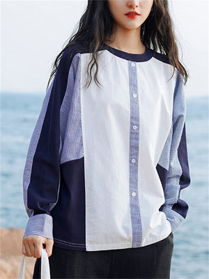 Ladies Crew Neck Patchwork Multi-button Decor Long Sleeve Shirts