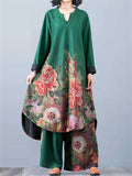 Beautiful Peony Print V Neck Long Sleeve Shirt + Loose Pants