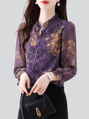 Women's Gold Floral Print Stand Collar Long Sleeve Purple Shirt