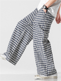 Men's Vintage Plaid Cotton Linen Wide Leg Trousers