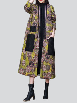 Women's Ethnic Style Kaleidoscope Pattern V-Neck Cotton Overcoat