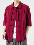 Men's Plain Cotton Linen Tassel Button Summer Tang Suit Shirt