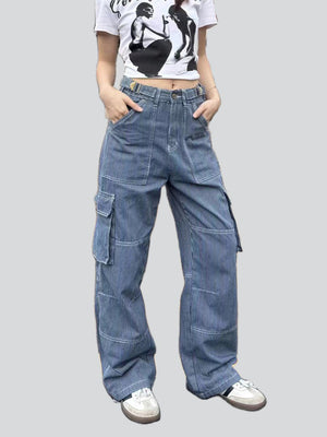 Retro Striped Blue High-Rise Floor-length Cargo Jeans