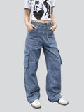 Retro Striped Blue High-Rise Floor-length Cargo Jeans