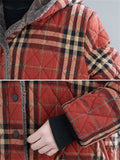 Ladies Fashion Plush Lined Plaid Coat with Hood