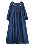 Female Ethnic Style Floral Embroidered V-Neck Retro Denim Dresses