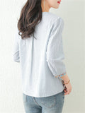 Ethnic V Neck Embroidery 3/4 Sleeve Stripe Shirt for Women