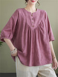 Summer Cotton Linen Half Sleeve Pleated Shirt for Women