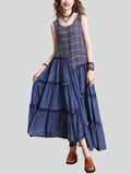 Lady Summer Sleeveless Plaid Splicing Dress with Irregular Hem