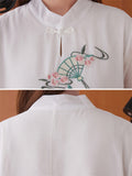 Chinese Style Peach Blossom Fan Embroidery Female Half Sleeve Shirt