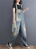 Lovely Cartoon Mouse Print Blue Denim Jumpsuit for Women