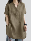 V Neck Short Sleeve Pullover Relaxed Linen Shirt for Female