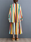 Rainbow Stripes Irregular Hem Lapel Shirt + Swing Skirt for Women