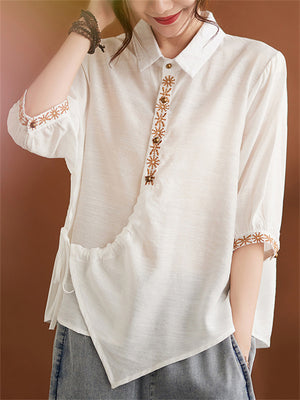 Women's Chic Button Lace-Up Embroidered Lapel Shirts