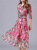 Women's Floral Embroidered Mid-length Lace Dress