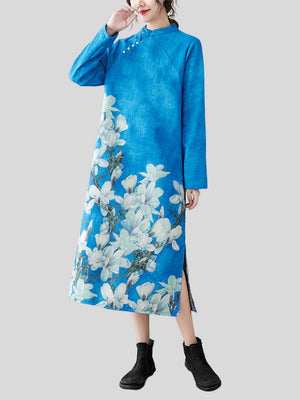 Thickened Women's Elegant Floral Cheongsam Dresses