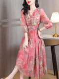 Women's Lace V Neck Puff Sleeve Silky Pleated Midi Dress