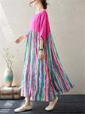 Women's Stylish Colorful Striped Patchwork Rose Red Dress