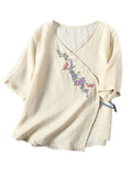 Elegant Retro Mini Floral Embroideried V Neck Shirt for Women