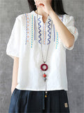 Female Ethnic Style Cotton Linen Short Sleeve V-neck Shirts