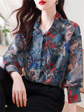 Women's Chiffon Shirt with Flower Ink Painting