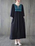 Ethnic Style V Neck Embroidery Ruffle Dress for Women