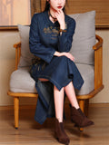 Women's Elegant High-Rise Side Slit Blue Denim Embroidery Qipao