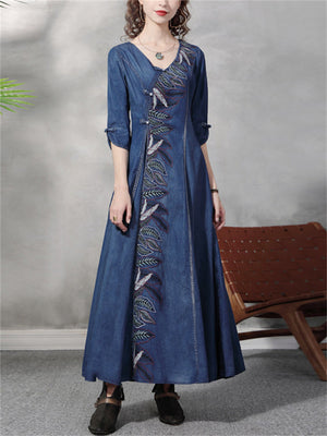 Classic Embroidered Denim Cheongsam Dress for Ladies