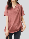 Women's Plaid Loose V-Neck Short Sleeve Plus Size Shirt