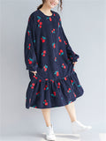 Cute Red Cherry Ruffle Hem Long Dress for Women