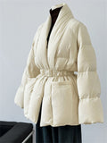 Women's Chic V Neck Tie-Waist Wrap White Duck Down Coat