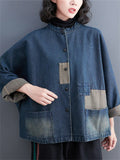 Distressed Patch Splicing Female Snap Button Denim Jacket