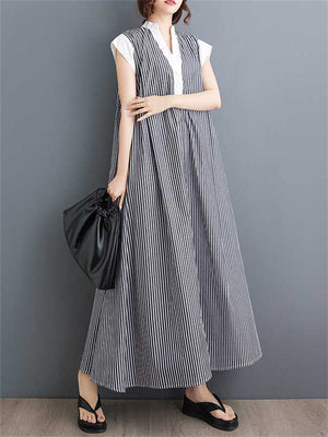 Female V-Neck White Collar Sleeve Trim Striped Dresses