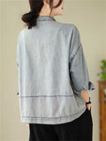 Women's Light Blue Stand Collar Patch Pocket Short Denim Jacket