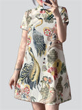 Loose Fit Crane Pattern Qipao Dress for Women