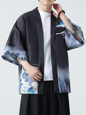 Crane Loong Lotus Print Male Traditional Chinese Shirt