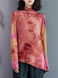 Women's Stylish Tie-Dye Turtleneck Irregular Hem Shirt