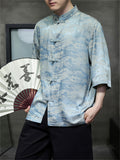 Male Chinese Style Pavilion Jacquard Smooth Button Up Shirts