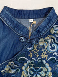 Women's Ethnic Style Hand-Embroidered A-Line Blue Denim Dress