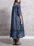 Women's Diamond Embroidery Half Sleeve Ruffle Blue Denim Dress